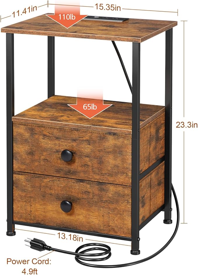 LOAKEKEL Night Stand Set 2, LED Nightstand with Charging Station, End Tables with Storage Shelf for Small Space, Bedside Table with 2 Fabric Drawers for Bedroom, Brown HETS02PQBR