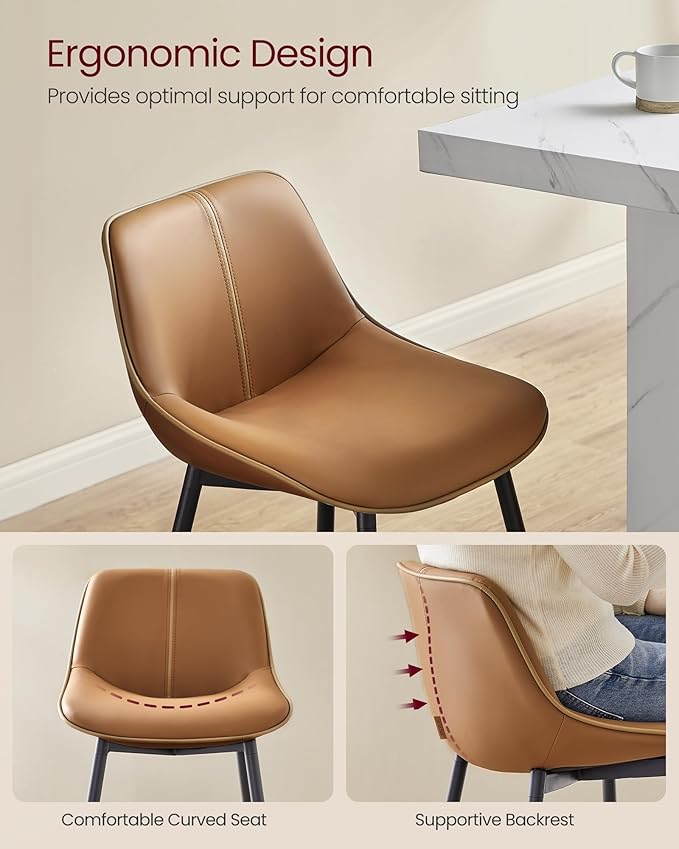 VASAGLE Bar Stools Set of 4, Bar Height Bar Stools with Back, Ergonomic Backrest, Synthetic Leather, Metal Legs, 28.5-Inch Tall Barstools for Kitchen Island Home Bar, Easy Assembly, Caramel Brown
