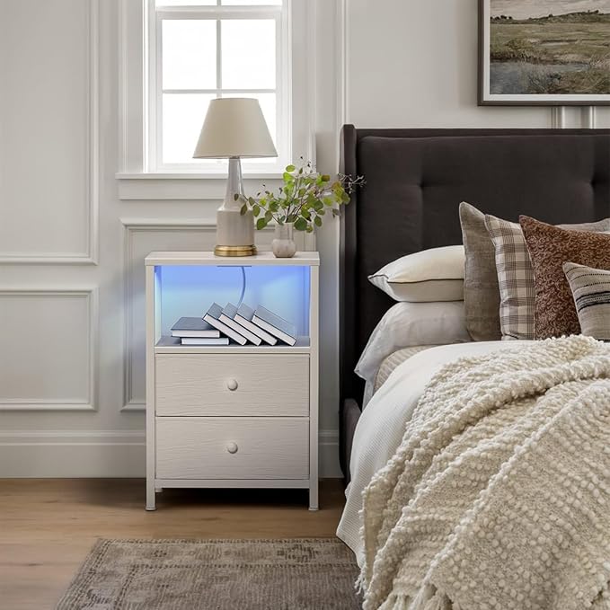 BOLUO White Nightstands Set of 2, Bedroom Night Stand Set Two Nightstand with Charging Station and LED Light, Bedside Table with 2 Fabric Drawers Modern