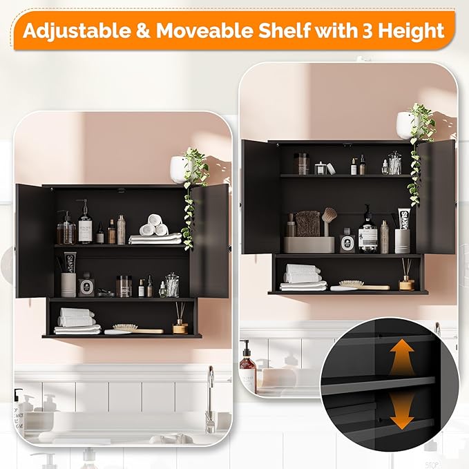 VINGLI Black Medicine Cabinet with Mirror, Wall Mounted Bathroom Cabinet with Open Shelf, 2-Door Hanging Storage Organizer Over Toilet, Adjustable Shelves for Vanity, Living Room, 22x23 Inch