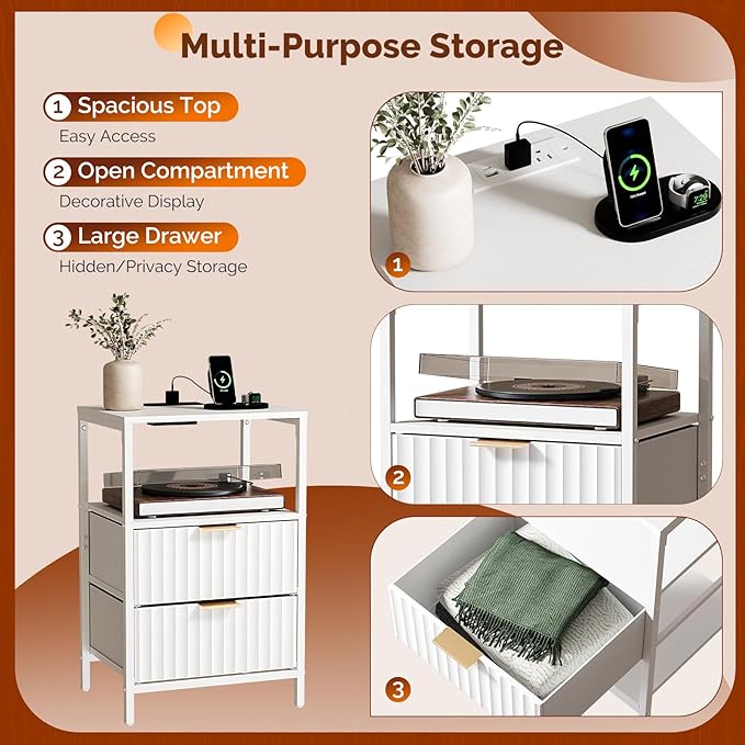 VINGLI White Nightstand with Charging Station and Fabric Drawers, Fluted Nightstand with Drawers, White Side Table/Night Stand with Charging Station for Bedroom, Dorm, 14.96" W*11.81" D*23.78" H