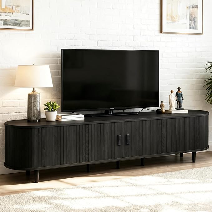 80" Mid Century Modern TV Stand, Wood TV Consoles with Sliding Doors and Power Outlet, Fluted Entertainment Center with Adjustable Shelves, Media Console for Living Room, Black