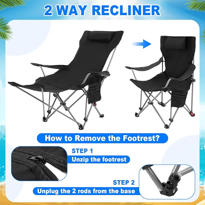 Yuntau 2 Set Reclining Beach Chairs with UPF 50+ Umbrellas Shade, Upgraded Heavy Duty Portable Folding Lounge Camping Chair with Canopy Removable Footrest & Headrest for Outdoor Patio(Grey, Black)