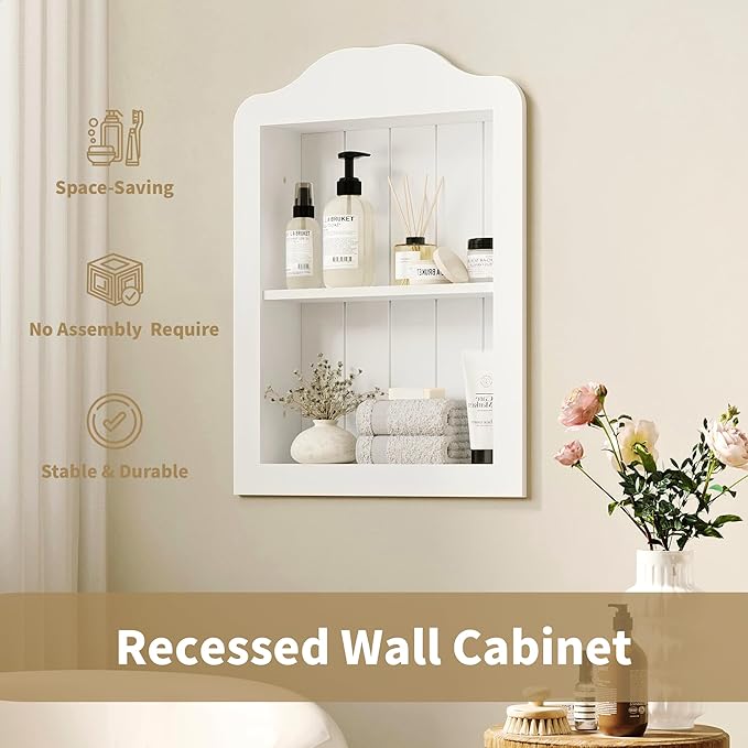CJL 14'' x 18'' Recessed Medicine Cabinet, Solid Wood in-Wall Bathroom Cabinet, Arched Wall Niche Shelf, 2-Tier, White
