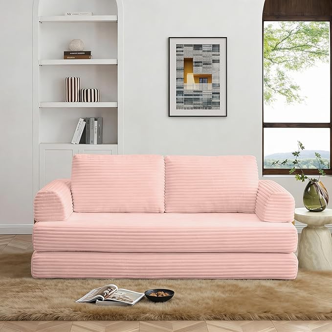HANXIN 80 Inch Convertible Sleeper Sofa Bed, High Back Plush Corduroy Folding Floor Mattress Couch with Fixed-Shape Frame, Boneless Futon Loveseat with Pull Out Bed, No Assembly Required (Pink)