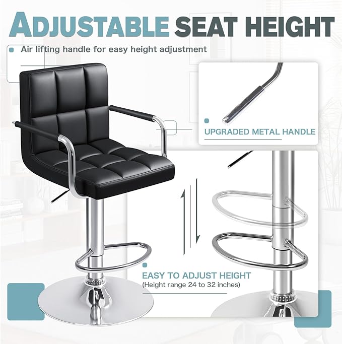 Furmax Bar Stools with Armrest Modern PU Leather Swivel Adjustable Hydraulic Bar Stool X-Large Base and Seat Square Counter Height Stool Set of 2 (Black)