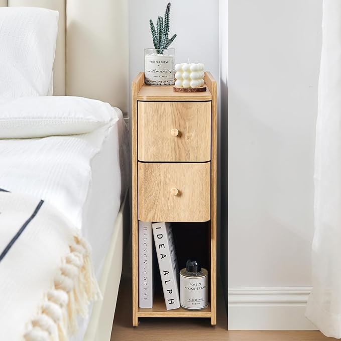 Narrow End Table Bedroom, Wooden Small 2 Drawer Nightstand, Thin Couch Side End Table, Skinny Bedside Table Small Spaces, Mid Century Modern Night Stand with Drawers (Natural-1 pc)