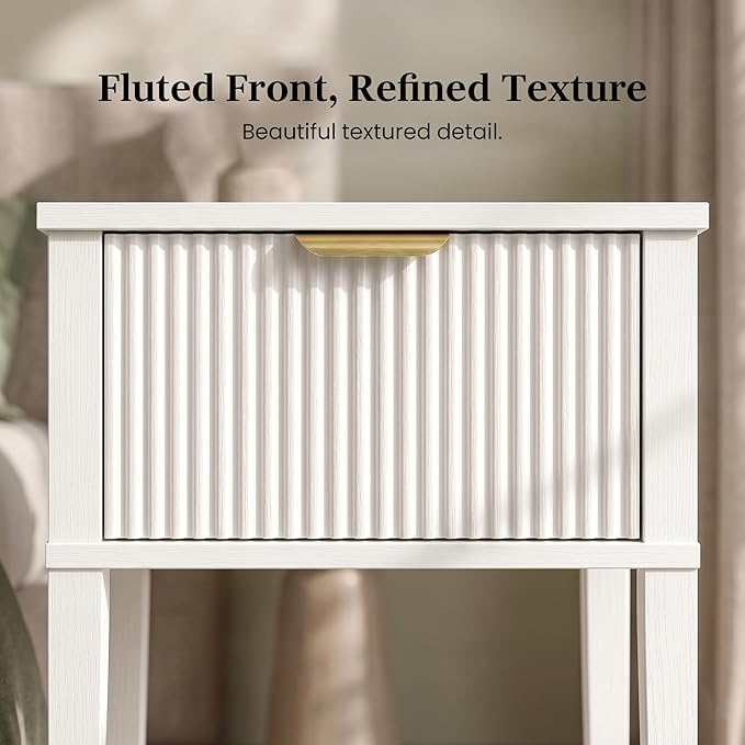 Modern Fluted Small Wood Nightstand, 11.8" Deep x 15.4" Narrow Bedside Table with Drawer & Open Shelf, Farmhouse Chic Accent Side Table for Bedroom & Sofa - White