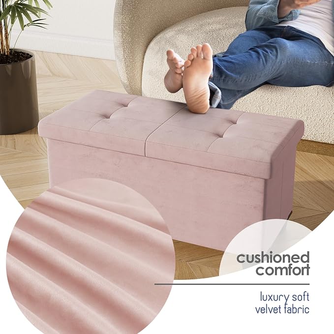 Storage Ottoman Bench with Bins, 30-in Storage Bench for Bedroom End of Bed, Folding Foot Rest Ottoman for Living Room Max 660lbs, Velvet Ottomans, Pink