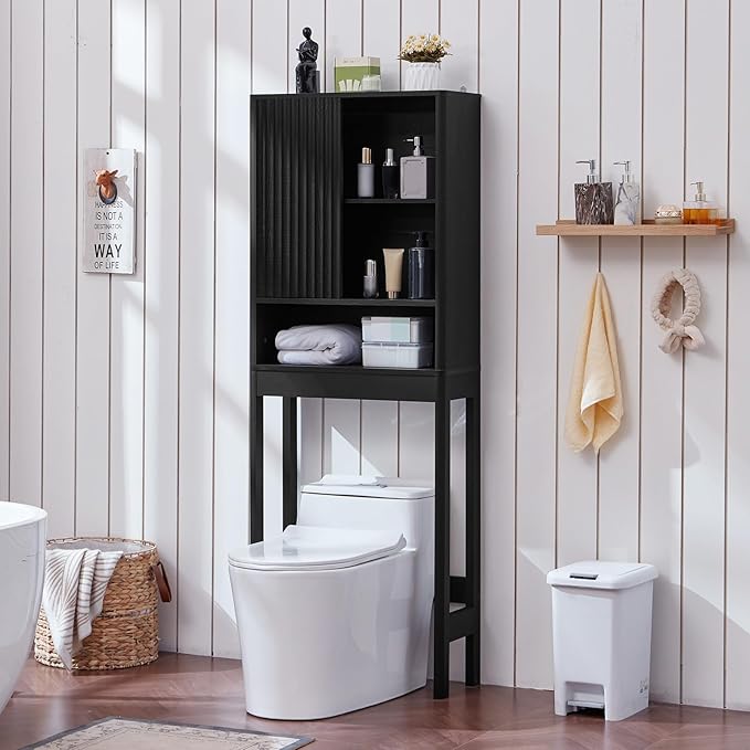 LEYAOYAO Fluted Over The Toilet Storage Cabinet, Farmhouse Over Toilet Bathroom Organizer with a Sliding Door, 68" Tall Black Freestanding Washer Shelf with Adjustable Shelf & Curved Profile