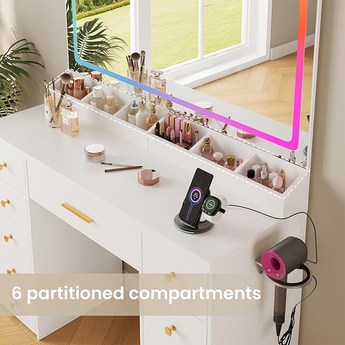 LAKEMID Makeup Vanity Desk with Large Mirror and Lights,43.3in Makeup Vanity with 7 Drawers,Modern Vanity Table with Charging Station,Adjustable RGB Lighting,Dressing Table for Bedroom Women(White)