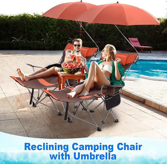 Yuntau 2 Set Reclining Beach Chairs with UPF 50+ Umbrellas Shade, Upgraded Heavy Duty Portable Folding Lounge Camping Chair with Canopy Removable Footrest & Headrest for Outdoor Patio(Orange)