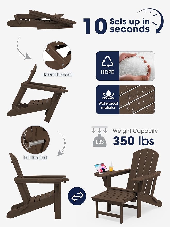 KINGYES Adjustable Folding Adirondack Chair with Footrest & 4-in-1 Multi-Functional Holder Set of 2, HDPE Reclining Adirondack Chair with Pull-Out Ottoman, Coffee