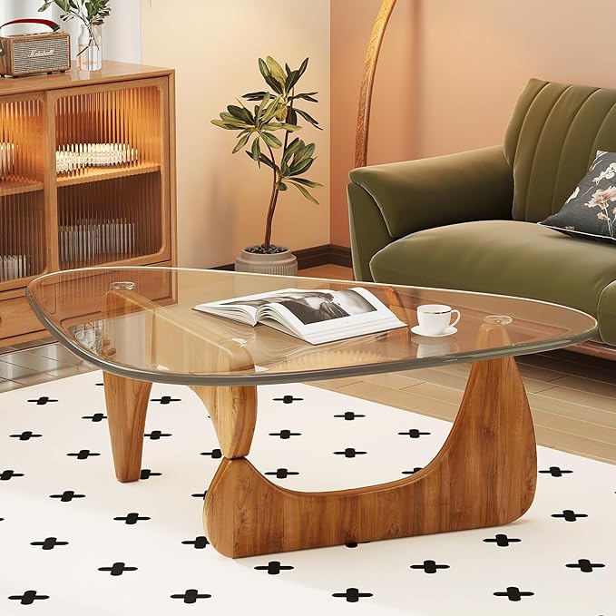 Coffee Table for Living Room Mid Century Modern Center Table with Glass Top,32 Inch, Walnut Transparent