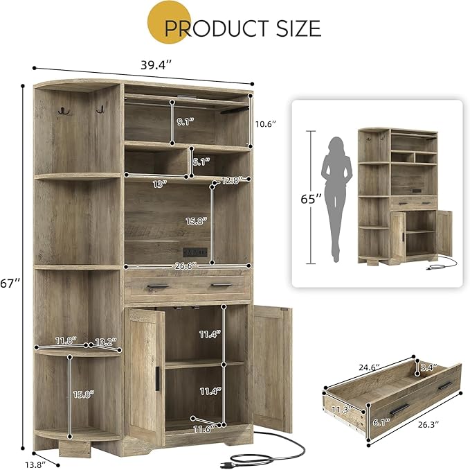 YITAHOME Kitchen Pantry Storage Cabinet, 67" Tall Kitchen Hutch with Outlet & Door & Shelves & Drawer, Farmhouse Wooden Microwave Stand Buffet Coffee Bar for Home Living Dining Room, Antique Gray