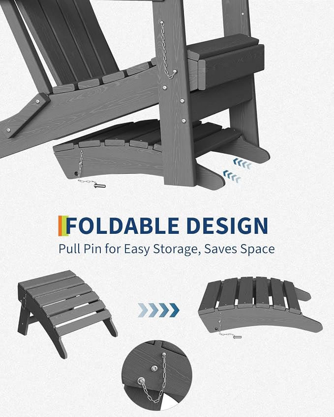 Garvee Folding Adirondack Ottoman Set of 2, HDPE Outdoor Footrest for Adirondack Chair, All-Weather Resistant for Deck Backyard Patio Outside Poolside Porch Lawn - Grey