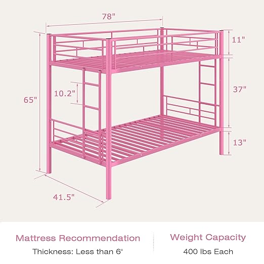 VECELO Metal Bunk Bed Twin Over Twin, Industrial Bunkbeds with Ladder and Full-Length Guardrail, Noise Free, No Boxing Spring Needed, Pink
