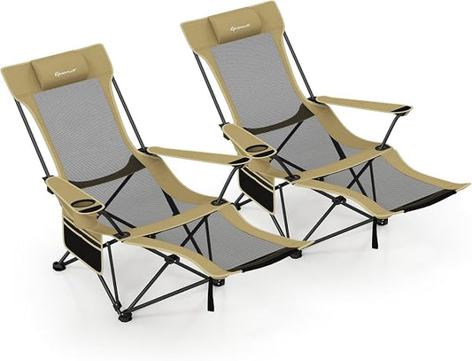 Goplus Camping Lounge Chair w/Detachable Footrest, Folding Beach Chair w/4-position Backrest, Carrying Bag, Removable Pillow, Cup Holder, Storage Pouch, Reclining Chair, 330LBS Capacity (Green,2)