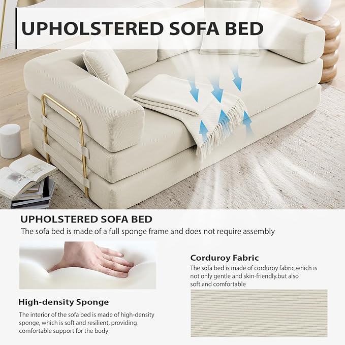 HANXIN 78 Inch Convertible Sleeper Sofa Bed, Folding Floor Mattress Couch with Fixed-Shape Frame, Futon Boneless Couch Lounge Loveseat with Pull Out Bed, No Assembly Required (Beige)