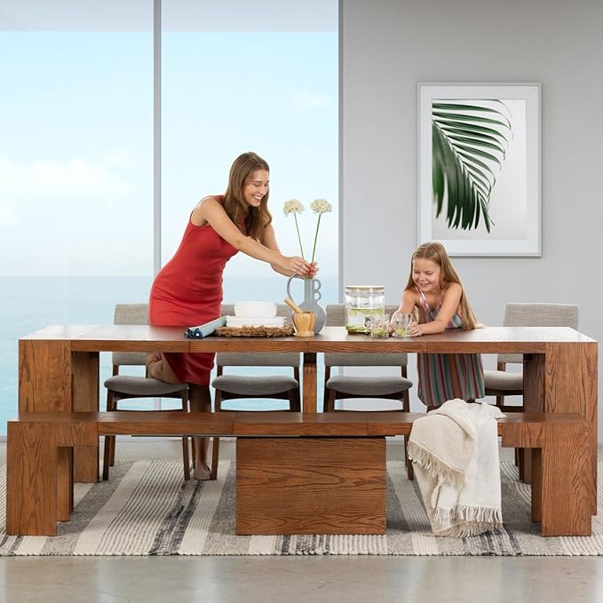 Transformer Table - Solid Wood Extendable Dining Table with Bench and 4 Stackable Chairs, Seats 2-12, Expandable Table, Space-Saving Furniture, Brown (Table + Bench + 4 Chairs)