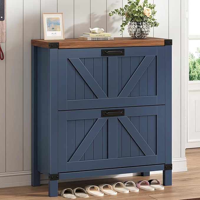 YOMILUVE Shoe Cabinet with 2 Flip Drawers, Farmhouse Shoe Storage Cabinet for Entryway, Slim Shoe Rack Freestanding Shoe Organizer with Barn Door, Blue
