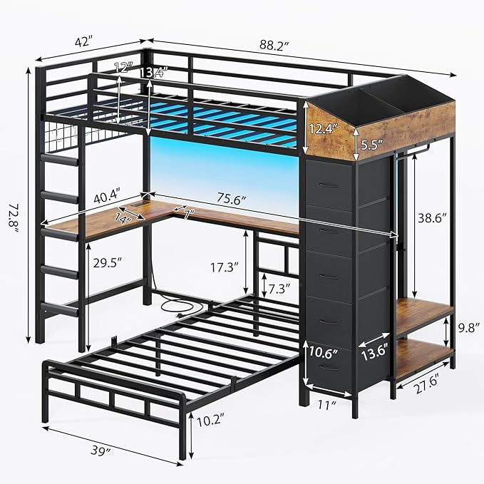 VIAGDO Bunk Bed Twin Over Twin with Hall Tree, Charging Station and LED Lights, L-Shaped Bunk Bed with Desk, 5 Storage Drawers, Twin Bunk Beds with Guardrail & Stairs, No Box Spring Needed, Black