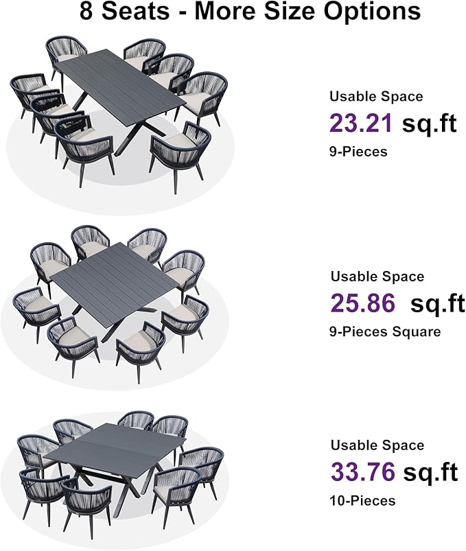 PURPLE LEAF Outdoor Dining Set for 8 All-Weather 9 Piece Patio Aluminium Dining Large Square Table and Rope Weave Chairs Included Cushions for Backyard Decor Kitchen Patio Furniture Set Grey and Navy