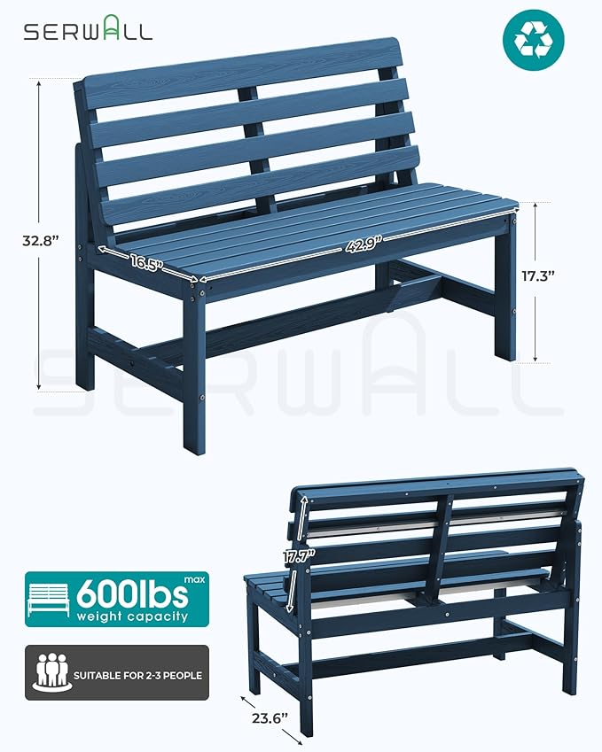 SERWALL Outdoor Bench, All Weather HDPE Outdoor Benches, 2-Person Armless Porch Bench with 600 lbs Weight Capacity, Patio Benches for Outdoors, Porch, Park and Dining, Navy