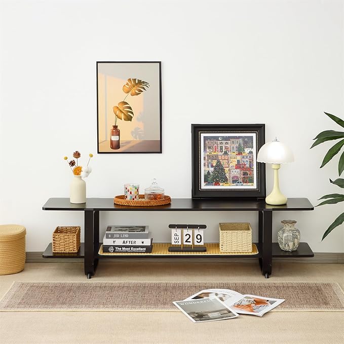 Bamboo TV Stand for TVs up to 65", Accent Entertainment Center with Storage, Media Console Table with Shelf, Modern TV Stand for Living Room, Bedroom, 54.3"(L), Black