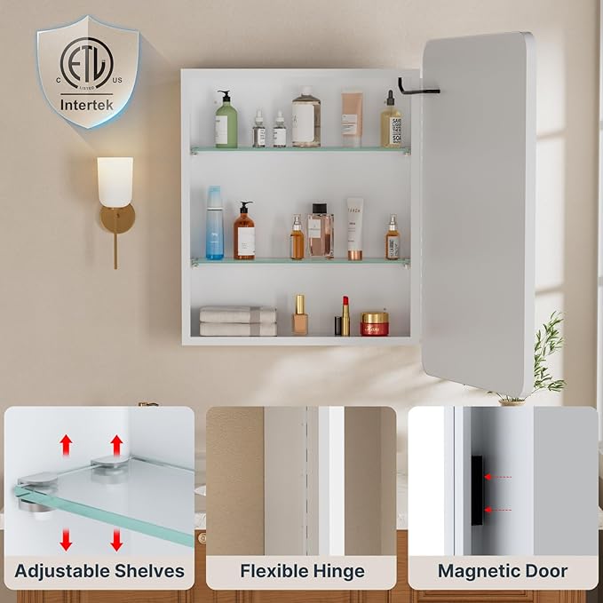 24x30 Inch Medicine Cabinet with Mirror, Recessed or Surface Mount Bathroom Medicine Cabinet with LED Lights, Anti-Fog, Memory Function, Adjustable Shelf, Dimmable Light, ETL Listed, White,Right Hinge