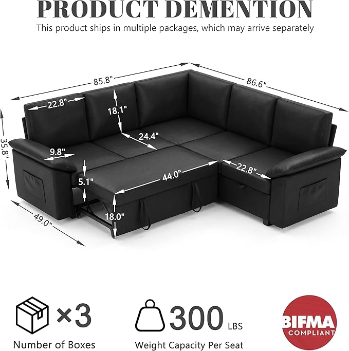 85 Inch Faux Leather Modular Sectional Sofa with Pull Out Bed, L Shaped 5 Seat Sectional Sleeper Sofa with Storage, Sectional Couches for Living Room, Cloud Modular Couch,Black Leather