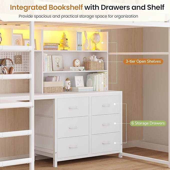 DICTAC Full Loft Bed with L-Shaped Desk,Bookshelf and Charging Station Metal Loft Bed Full Size with 6 Storage Drawers,Open Shelves and Hutch,Teens loft beds with Led Lights and Safety Guardrail,White