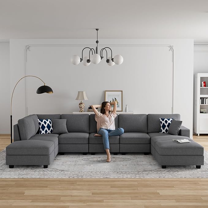 Legend Vansen Oversized Modular Sectional Sofa,U/L‑Shaped Reversible Couch with Ottoman,Deep Seat Plush Polyester Sofa for Living Room,9‑Seater,Dark Grey