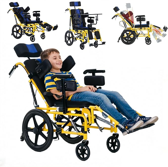 Pediatric Full Reclining Wheelchair - Heavy Duty 220 lbs Capacity Folding Kids Wheelchair with Elevating Footrest, Headrest & Meal Tray, Portable Mobility Aid for Children with Special Needs (Yellow)