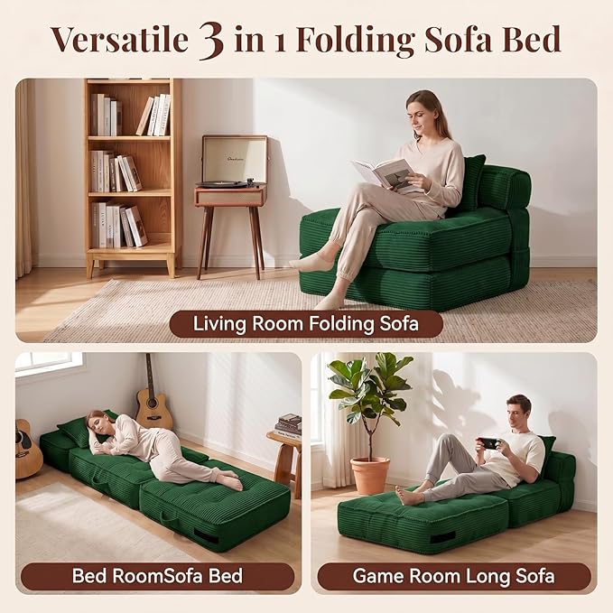Folding Sofa Bed, Convertible Sleeper Chair with Pillow Foldable Mattress with Back Support, Portable Fold Out Chair Bed Comfy Floor Couch Lounge for Living Room Bedroom Apartment Single