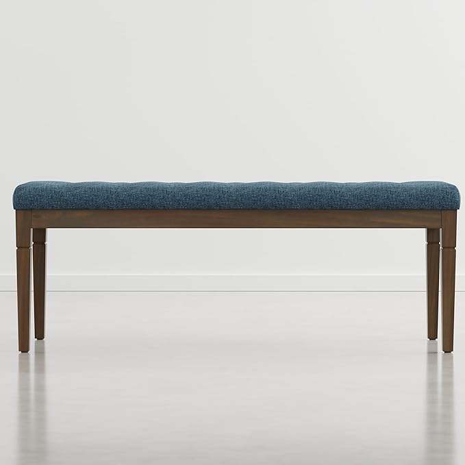 SIMPLIHOME Waverly Tufted Ottoman Bench - 48 inch Wide Upholstered Linen Look Fabric Rectangle Footstool Ottoman in Indigo Blue, Traditional Bench for Bedroom, Entryway or Living Room with Carved Legs