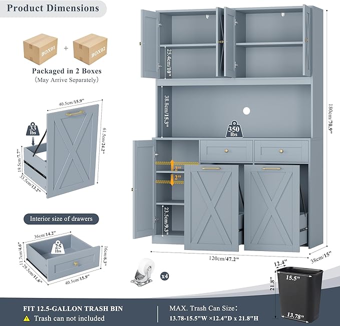 HOSTACK 71"H Kitchen Trash Can Cabinet, 12.5 Gallon Double Pull Out Garbage Can Hutch Cabinet with Trash Bin Storage Holders, 47" Wide Kitchen Pantry with Hidden Garbage Storage for Dining Room, Blue
