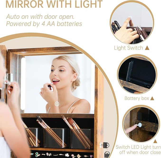 Arched Mirror Jewelry Armoire,3 Color LED Swivel Jewelry Storage Cabinet Interior LED Lights,Full Length Mirror Floor Standing Jewelry Organizer with Storage Shelves (Rustic Brown)