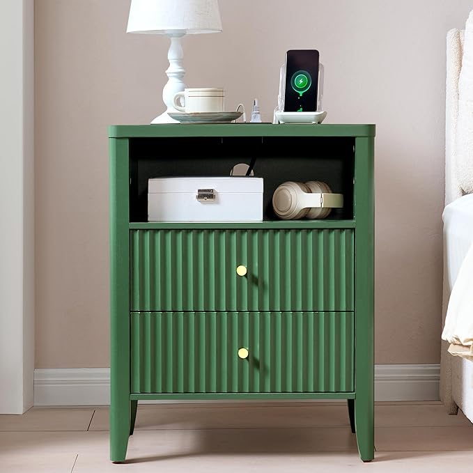 Fluted Nightstand with Charging Station, 21" Wide Modern Bedside Table with 2 Drawers & Open Shelf, Wood End Table with Storage & Metal Handle for Bedroom, Living Room, Small Spaces, Green