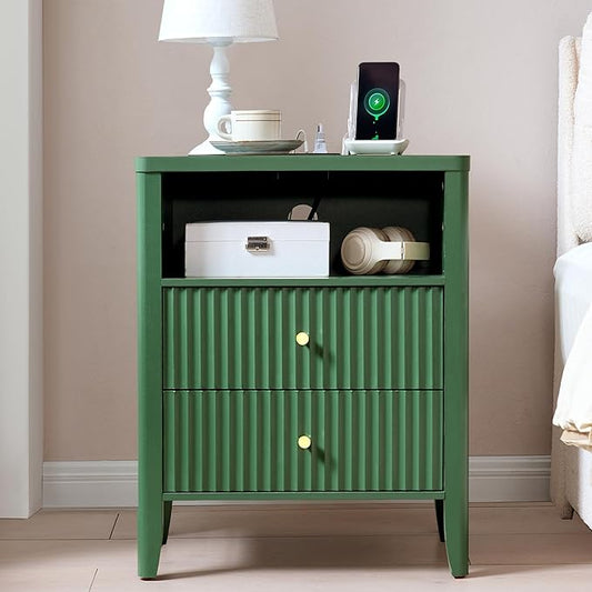 Fluted Nightstand with Charging Station, 21" Wide Modern Bedside Table with 2 Drawers & Open Shelf, Wood End Table with Storage & Metal Handle for Bedroom, Living Room, Small Spaces, Green