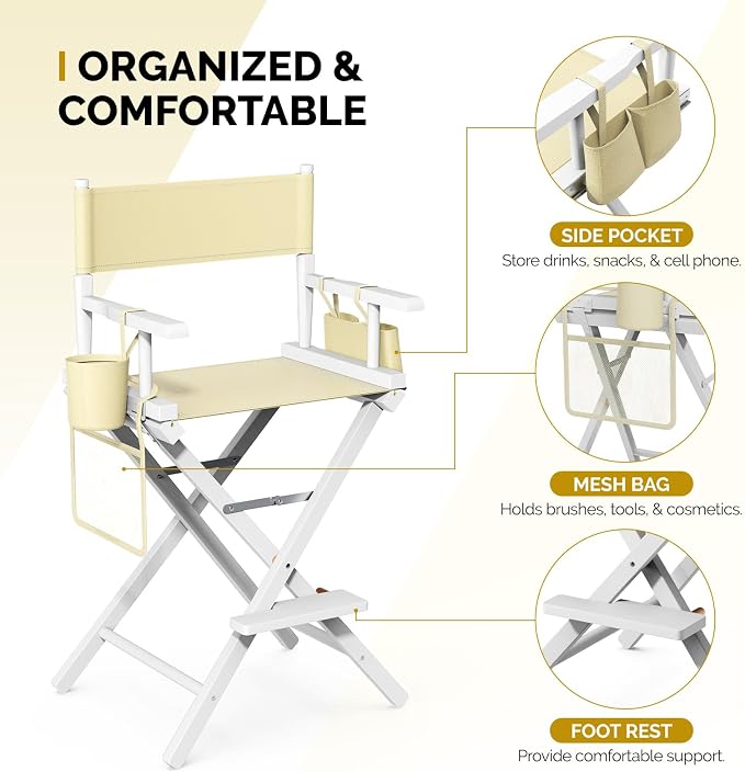 OmySalon 26" H Tall Directors Chair, Wooden Portable Folding Makeup Chair w/Storage Pouch & Footrest, Professional for Salon/Events/Mobile Services, 250lb Capacity, Beige Canvas