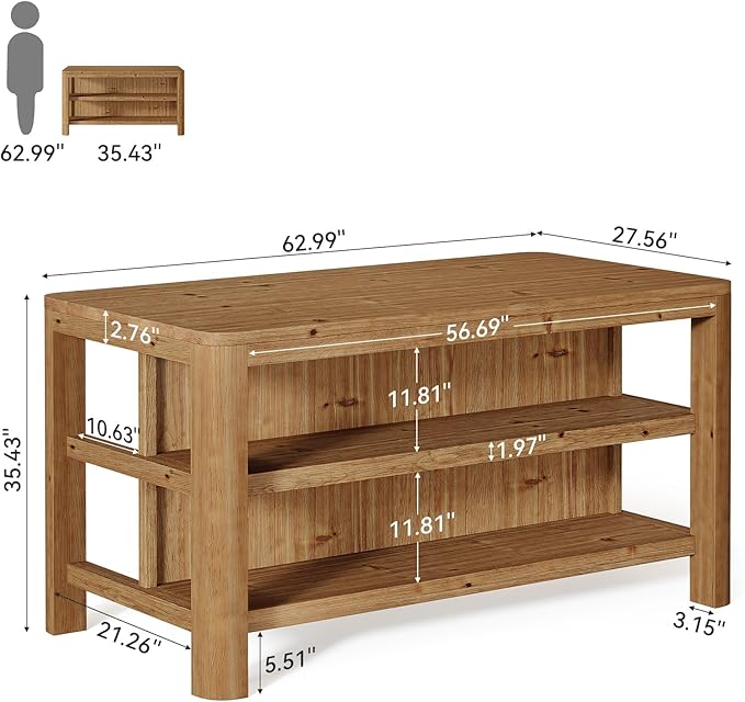 63-Inch Solid Wood Kitchen Island with Storage Shelves, Farmhouse Island Table with Seating, Counter Height Bar Table for Dining Room, Kitchen, Easy to Assemble, Natural Wood