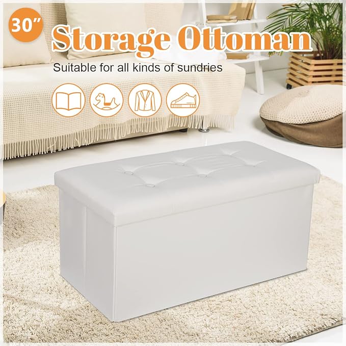 ZenStyle 30Inches Storage Ottoman Bench, Folding Footrest Stool, Storage Chest Long Shoes Bench with Foam Padded Seat, Holds up to 350 lbs, for Living Room, Entryway, Bedroom(White, 30 inches)