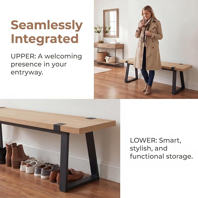 HNY 60" Entryway Bench Wood Dining Bench Bedroom Bench Modern Minimalist Long Slatted Bench for Living Room Hallway, Sturdy Solid Wood with Black Metal Leg Seating for 4-6 People, Natural Finish