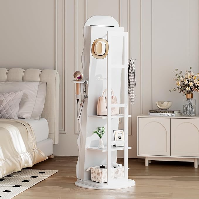 Vlsrka LED Mirror Jewelry Cabinet Standing, 360° Swivel Jewelry Aromire Organizer with Wavy Mirror, Lockable Jewelry Mirror with Storage, Jewelry Cabinet, Interior Mirror, Foldable Shelf (LED White)