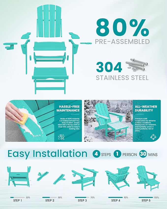 SERWALL Folding Adjustable Adirondack Chair with Footrest, HDPE Outdoor Chair with Dual Cup Holders, All Weather Adirondack Chair with Ottoman, Aruba