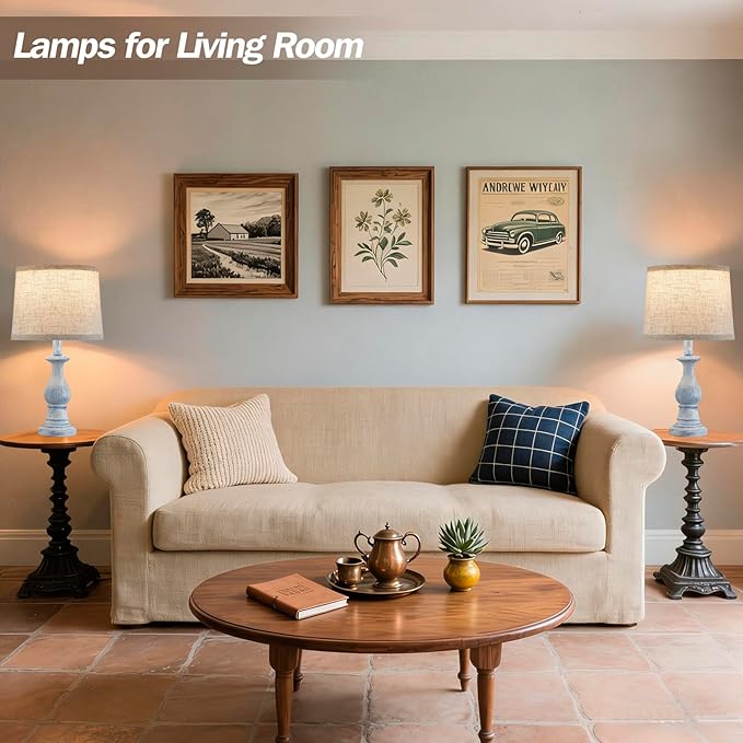 Vintage Table Lamp for Living Room Bedroom, 18.5" Farmhouse Bedside Lamps Nightstand Lamp Set of 2, Table Lamps with Oatmeal Linen Lamp Shades, 2 LED Bulbs Included, Washed Blue