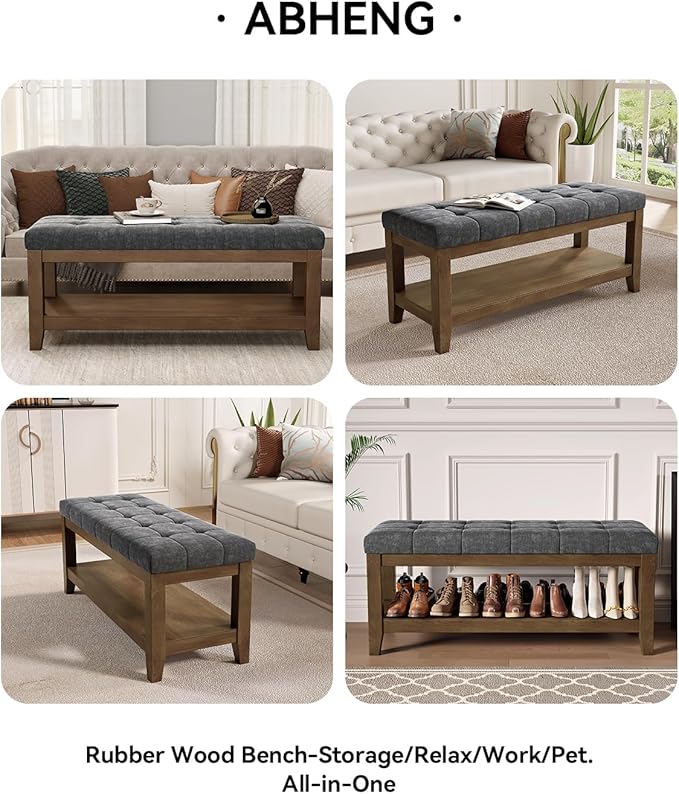 ABHENG Solid Rubber Wood Shoe Bench, Soft Chenille Material Upholstered Seat, 770LB Load Capacity, Multi-Storage for Entryway/Bedroom/Living Room, Vintage Style, 43.3"x15.7"x17.7", Dark Gray,UASND65G