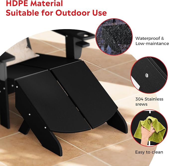 Costaelm Seaview Modern HDPE Plastic Folding Patio Adirondack Ottoman, Black