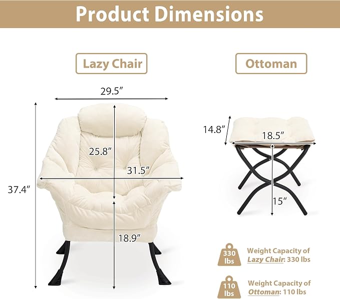 Youtanic Lazy Chair with Folding Ottoman, Accent Chair Plush Upholstered with Metal Structure and Non-Slip Pads, Sofa Armchair with Footrest and Side Storage Bag for Dorm, Room, Office, Beige